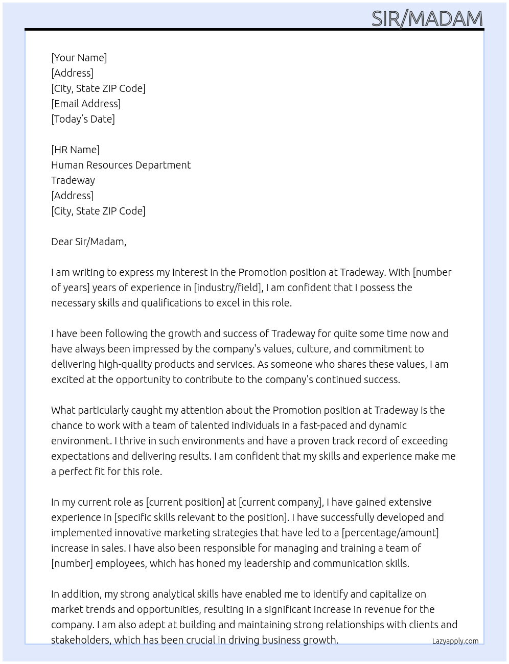 Promotion  At Tradeway Cover Letter