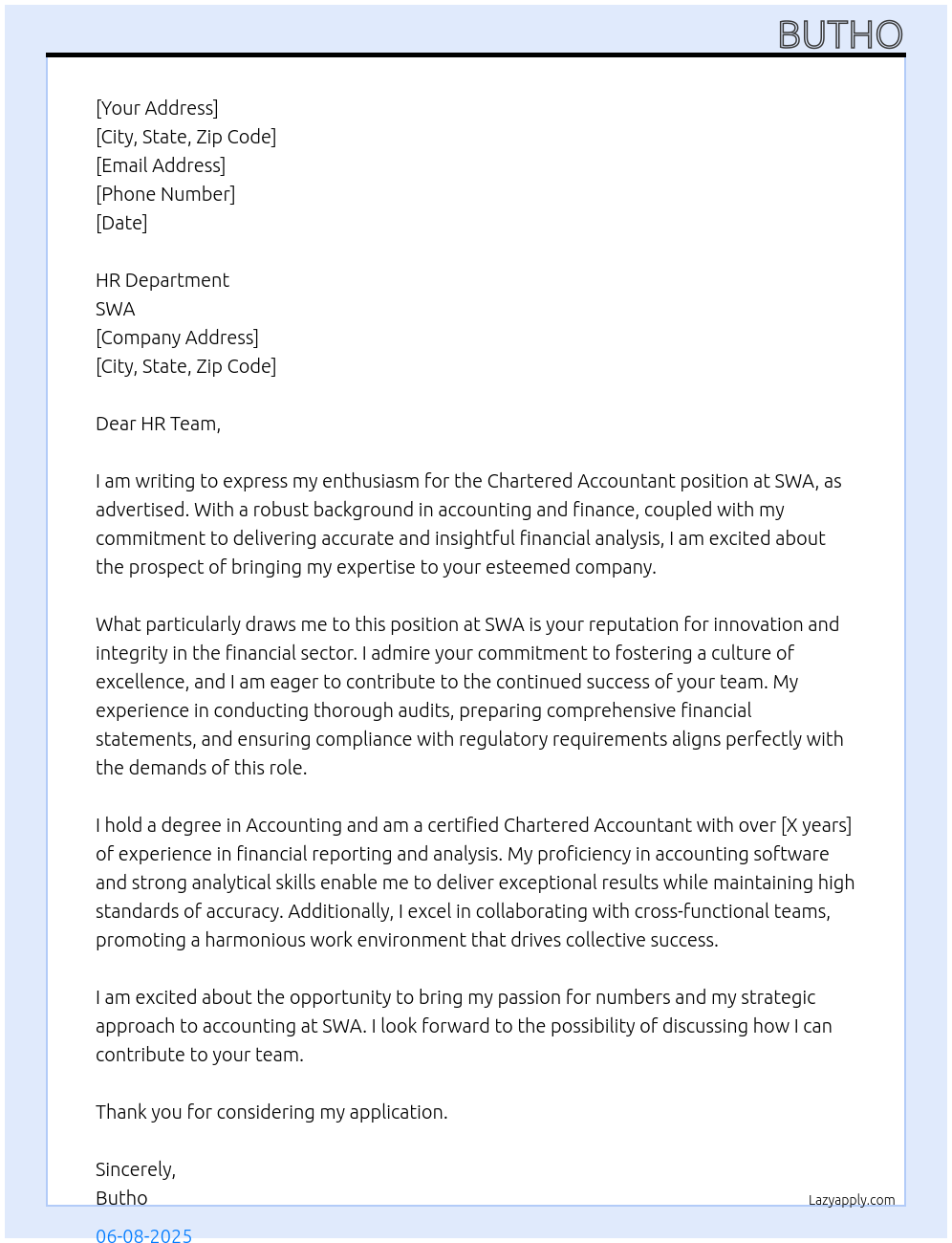 Chartered accountant At swa Cover Letter