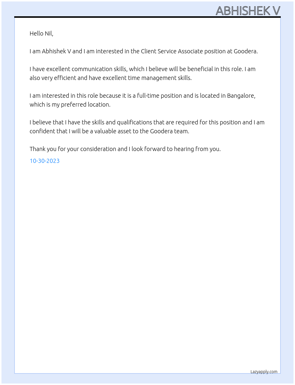 Client Service Associate  At Goodera Cover Letter