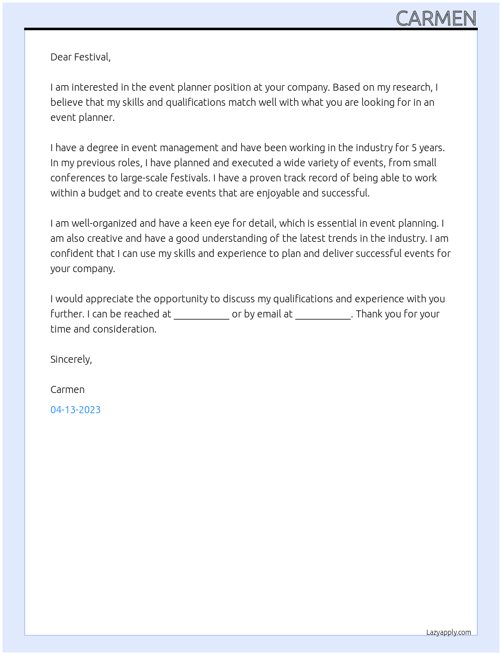 event planner At festival Cover Letter