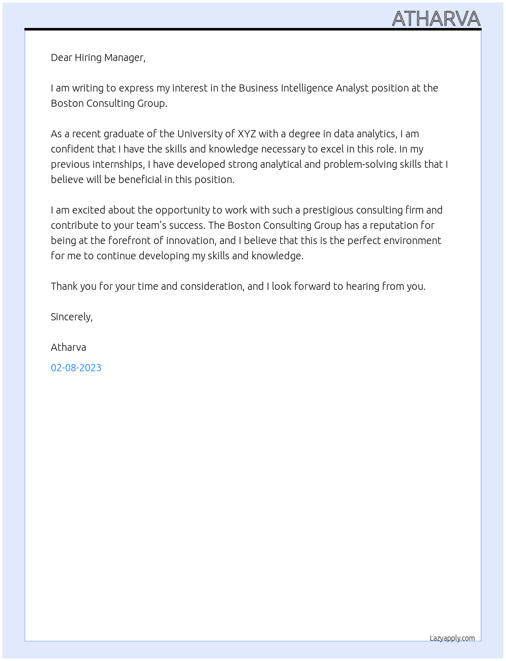 Business Intelligence Analyst At Boston Consulting Group Cover Letter