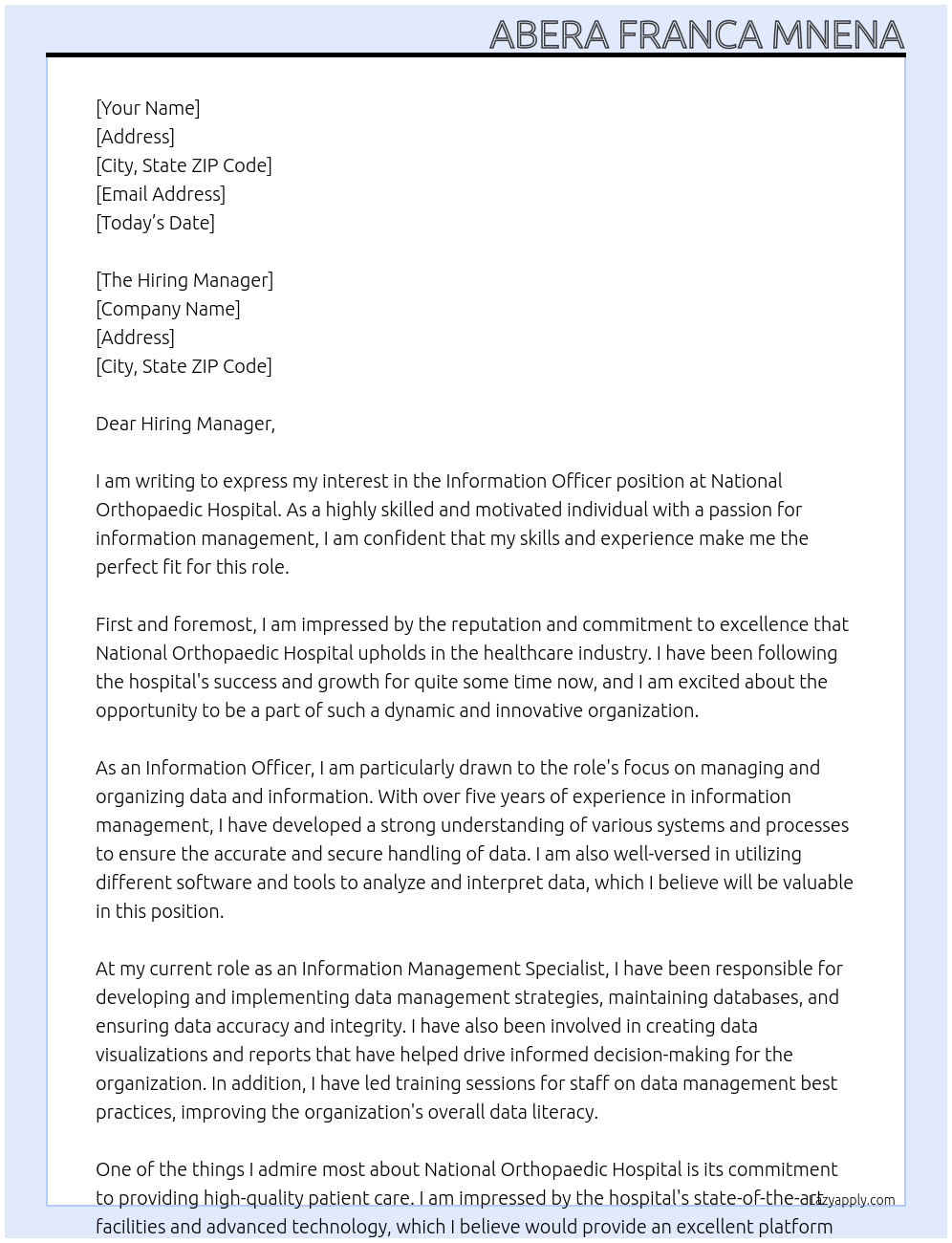 Information officer At National orthopaedic Hospital Cover Letter