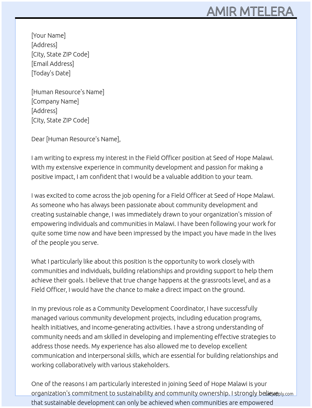 FIELD OFFICER At Seed of hope Malawi Cover Letter