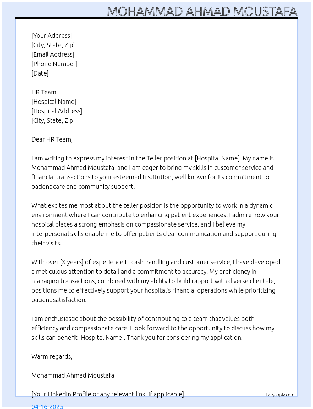 teller At hospital Cover Letter