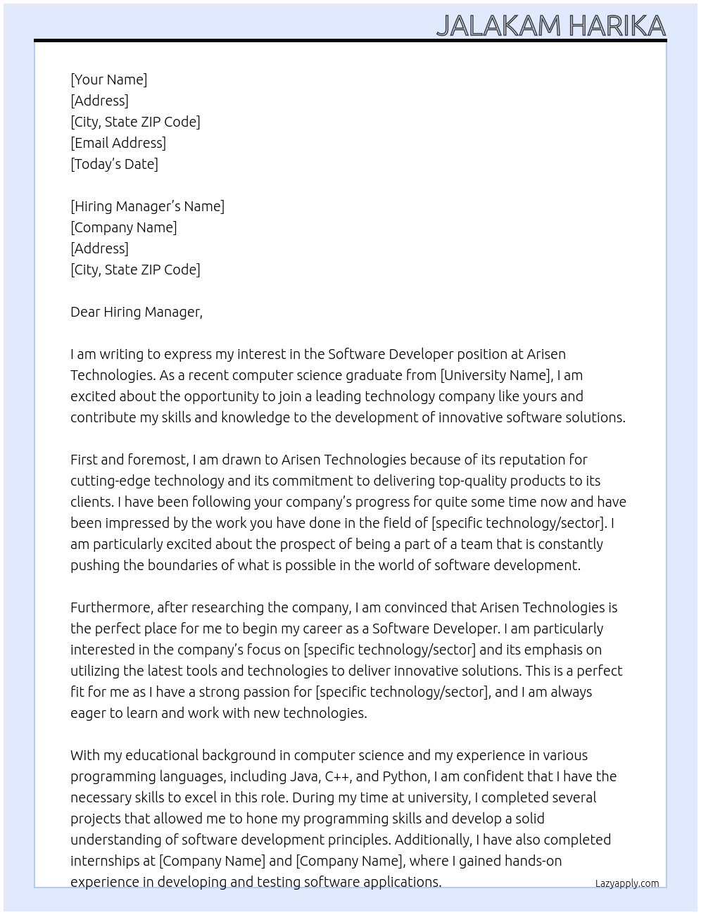 Software Developer (fresher) At Arisen Technologies Cover Letter