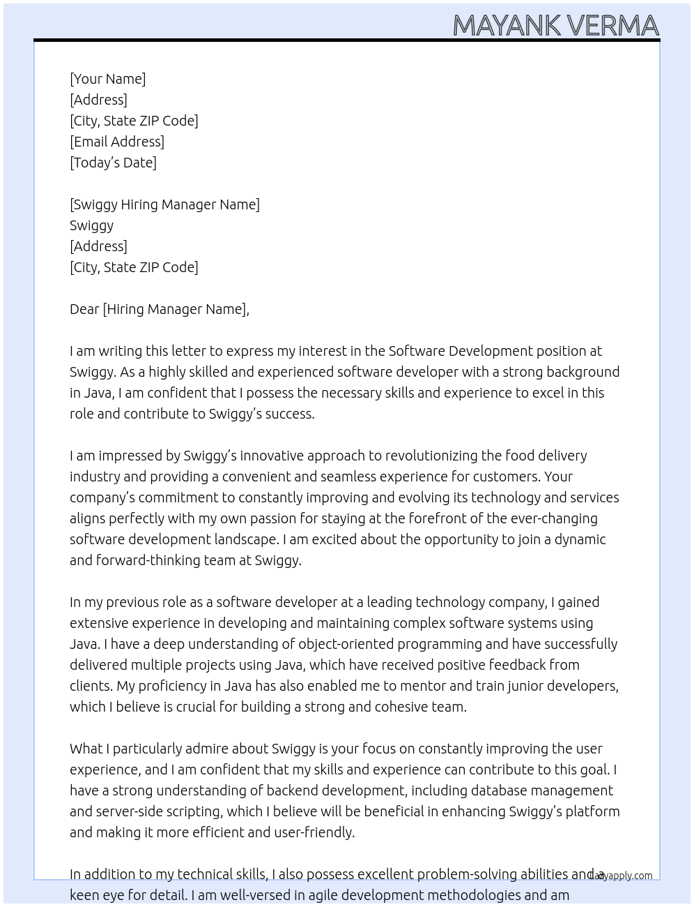 software development At Swiggy Cover Letter