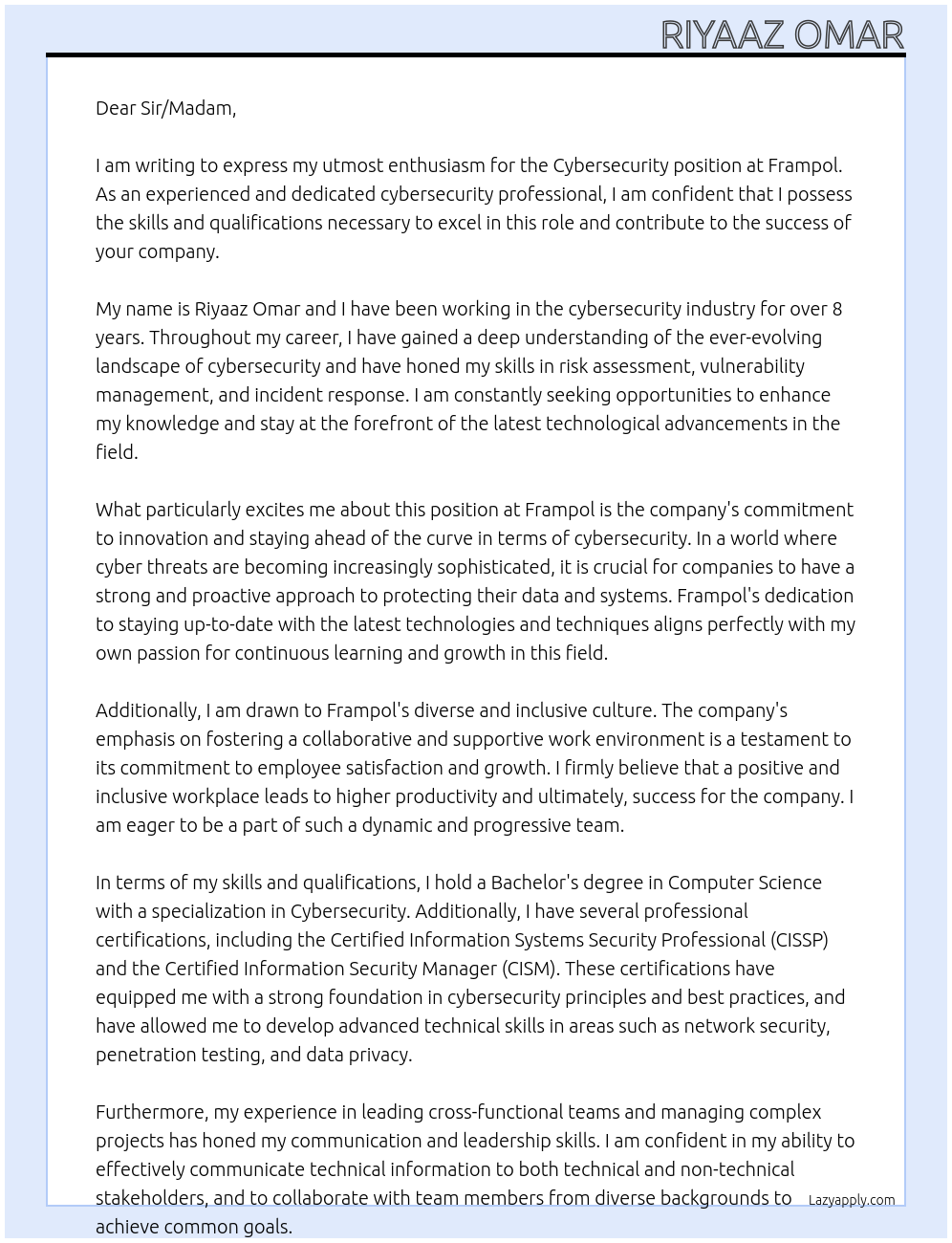 Cybersecurity At Frampol Cover Letter