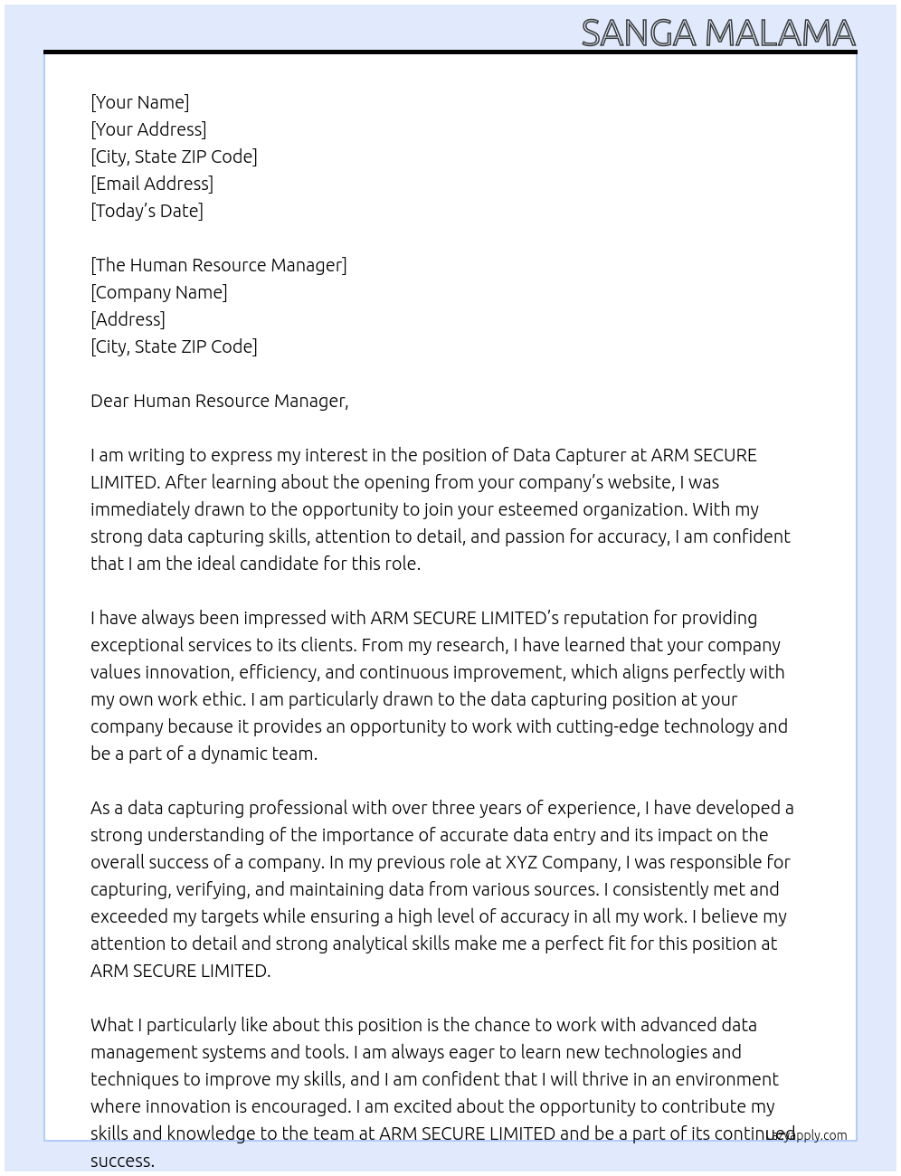 Data Capturer At ARM SECURE LIMITED Cover Letter