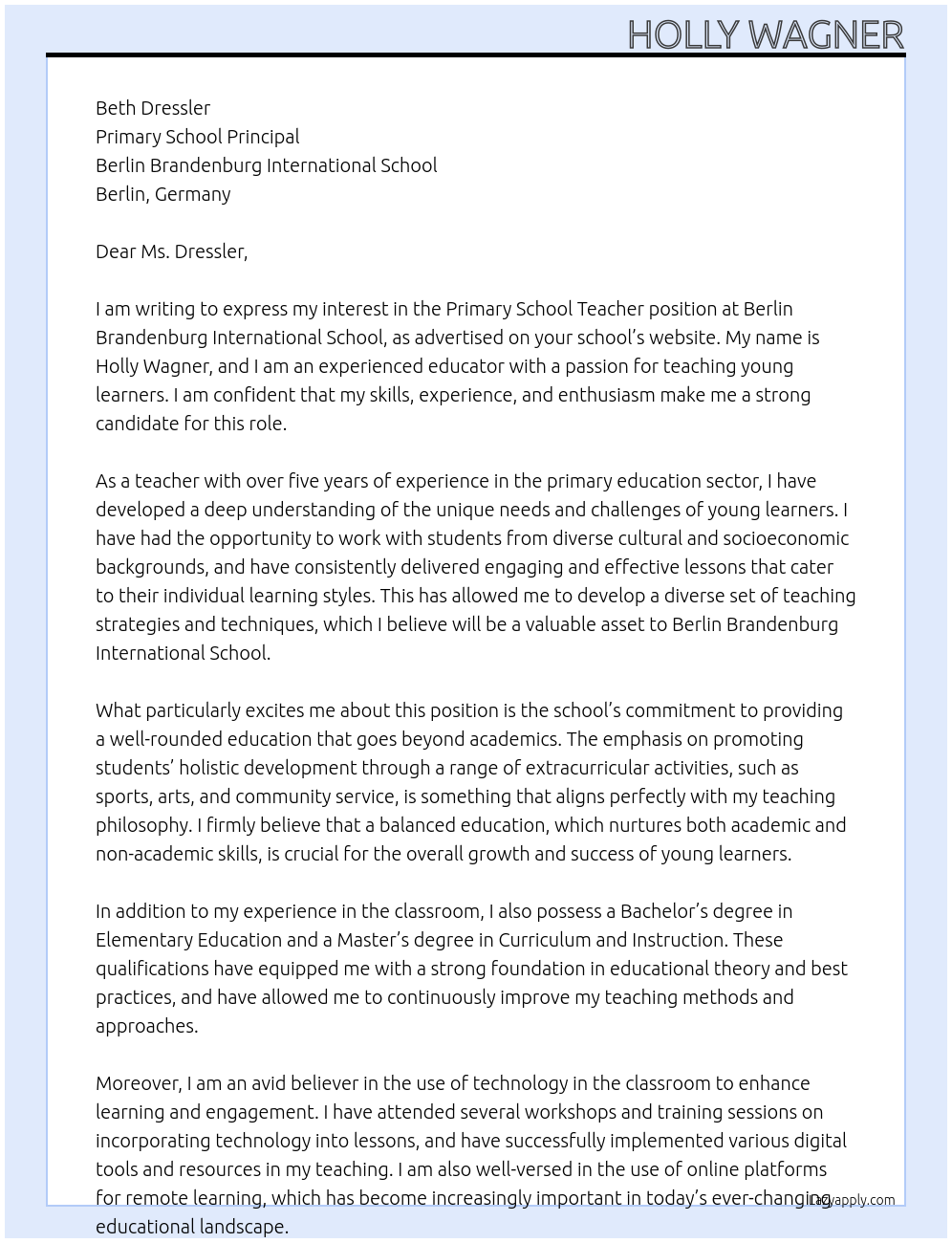 Primary School Teacher At Berlin Brandenburg International School Cover Letter