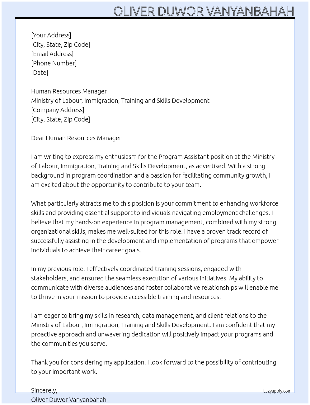 Program Assistant At Ministry of Labour, Immigration, Training and Skills Development Cover Letter