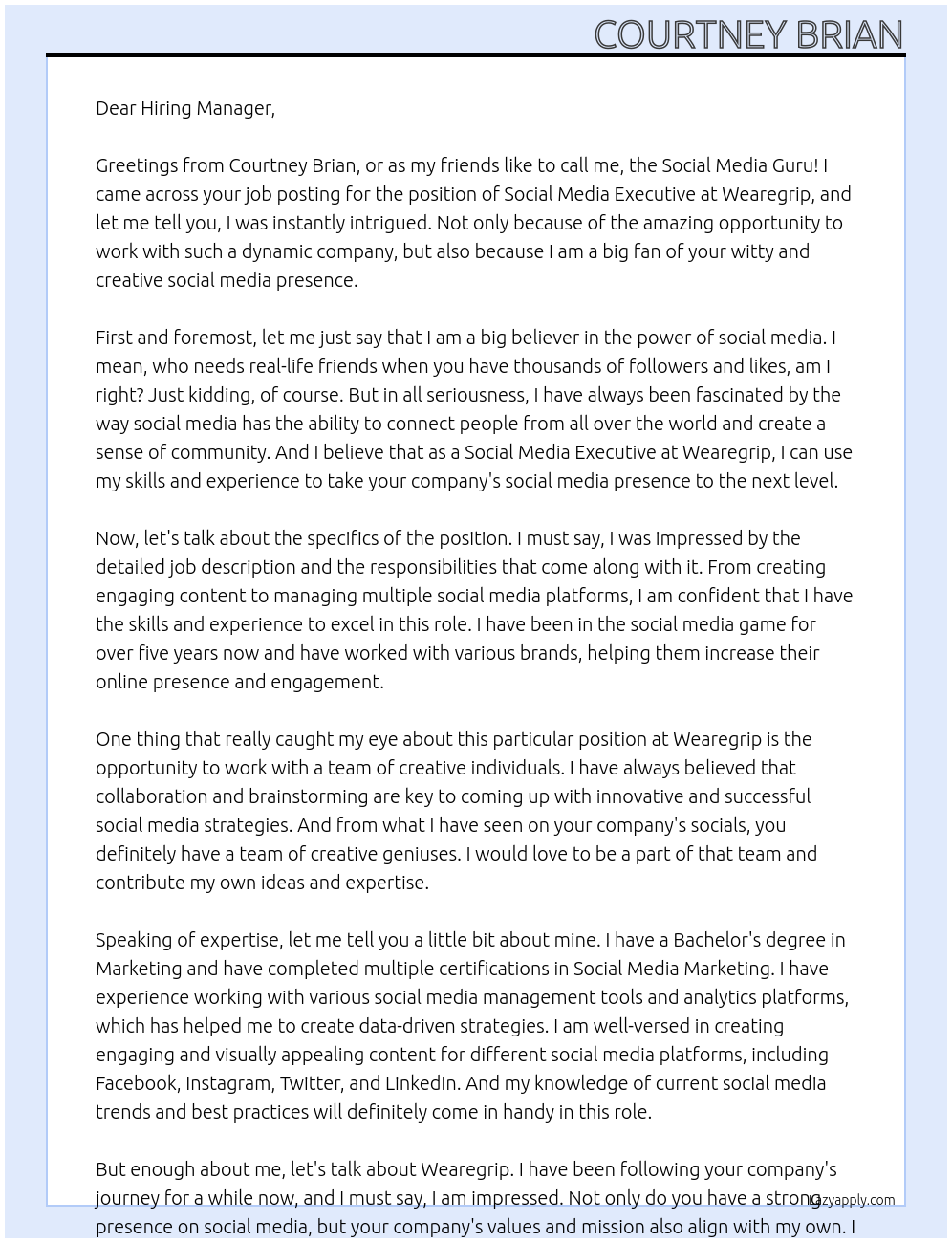 Social Media Executive At Wearegrip Cover Letter