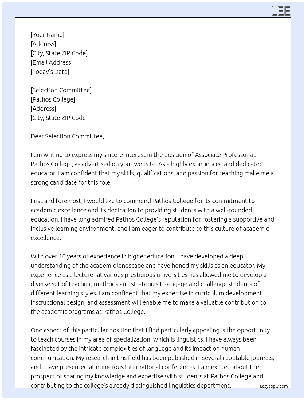 associate professor At Pathos College Cover Letter