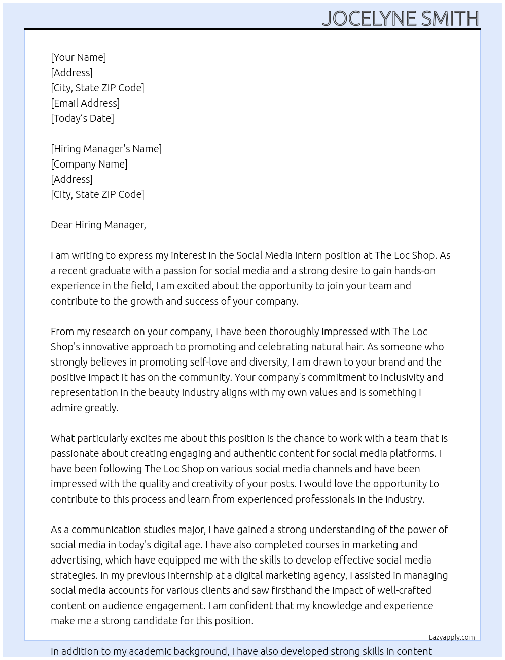 Social Media Intern At The Loc Shop Cover Letter