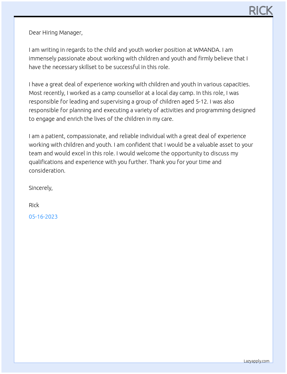 child and youth worker At WMANDA Cover Letter