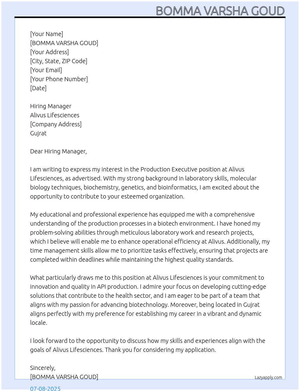 PRODUCTION EXECUTIVE At Apply for Production API Executive Job at Alivus Lifesciences Location: Cover Letter