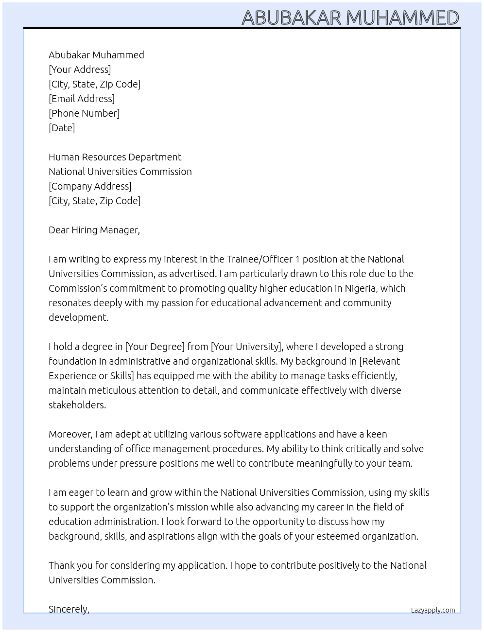 Trainee/Officer 1 At National Universities Commission Cover Letter