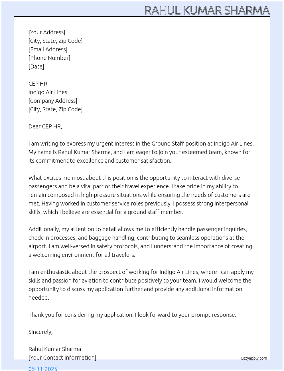 Ground staff At Indigo air lines Cover Letter