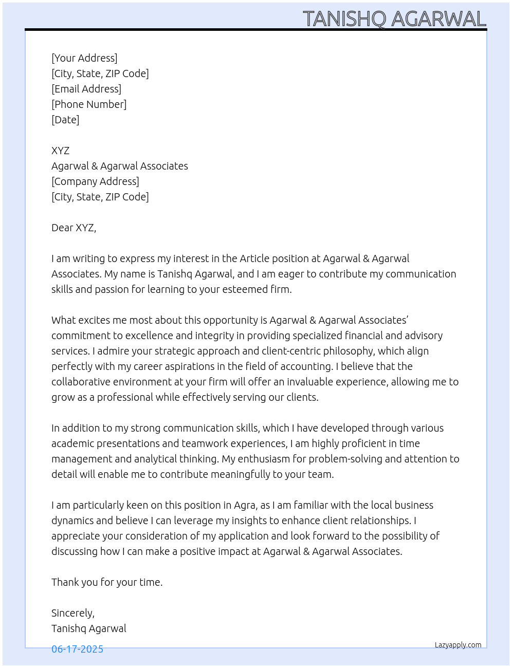 ARTICLESHIP At AGARWAL & AGARWAL ASSOCIATES Cover Letter