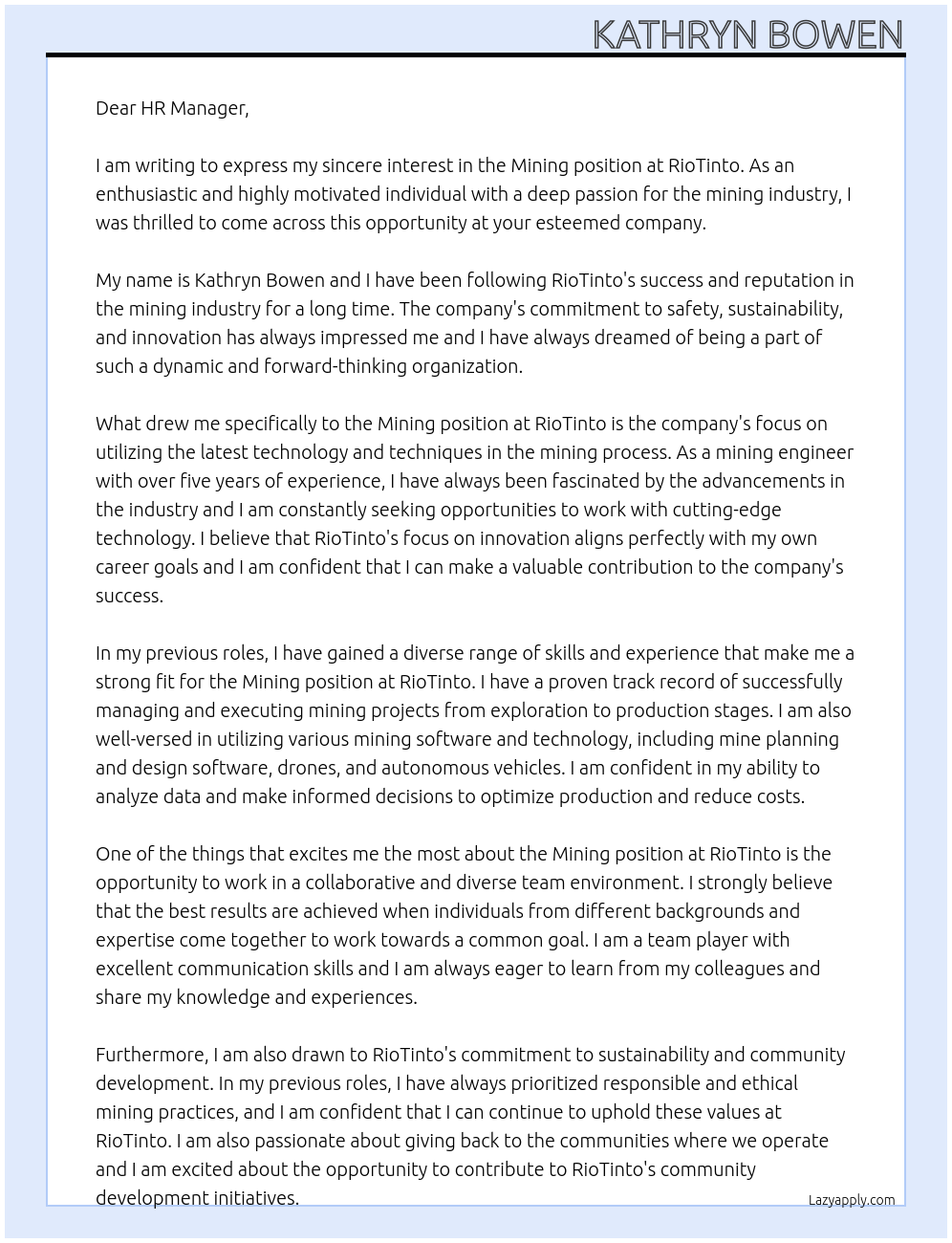 Mining At RioTinto Cover Letter