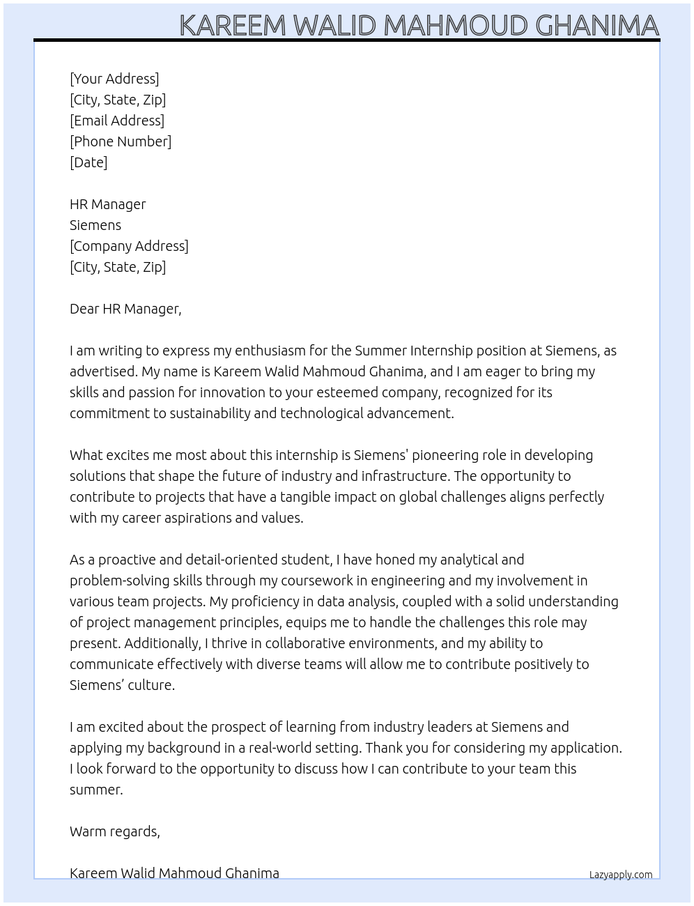 Summer internship At Siemens Cover Letter