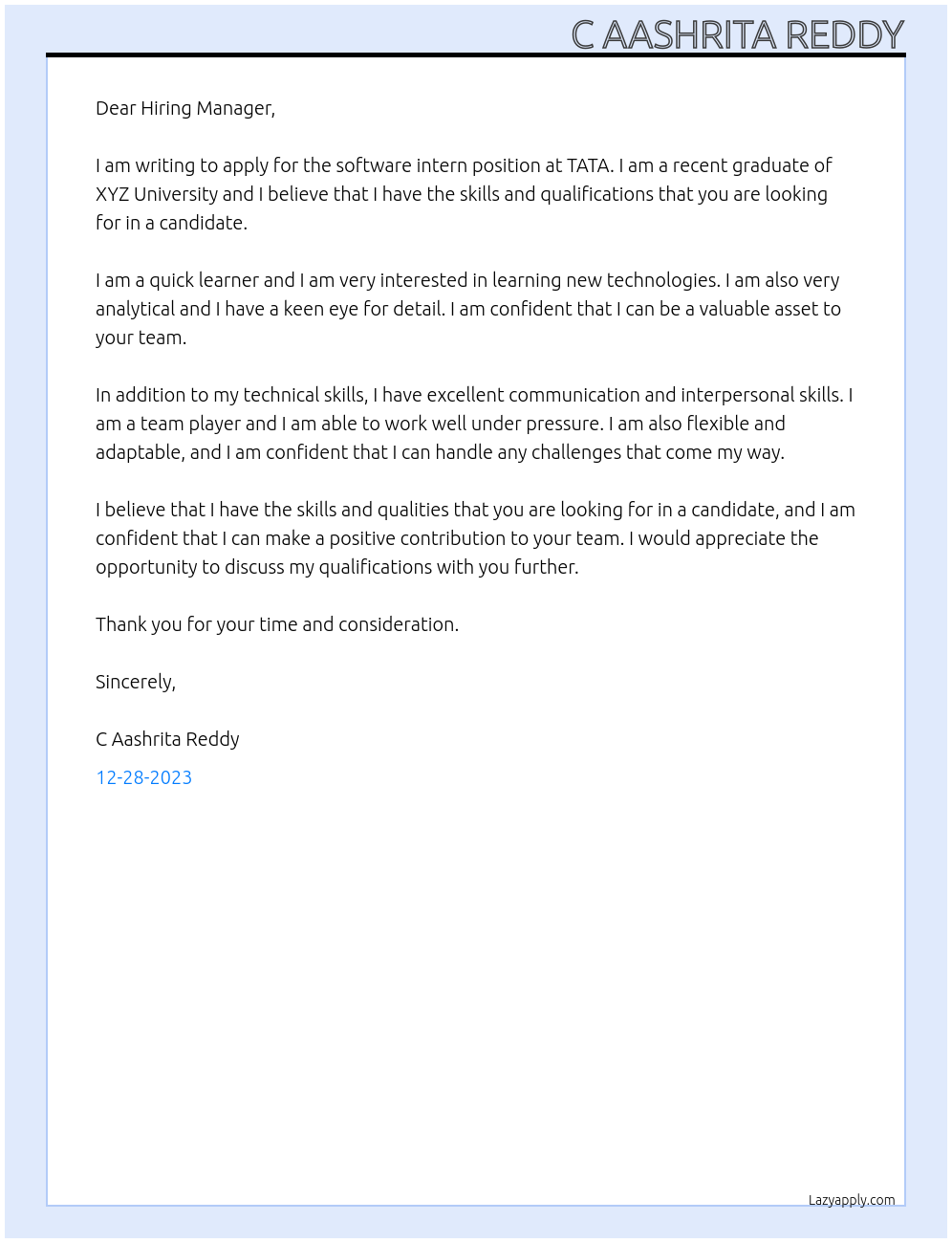 software intern At TATA Cover Letter