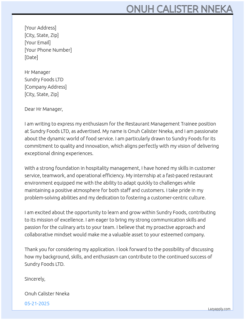 restaurant management trainee At Sundry Foods LTD Cover Letter