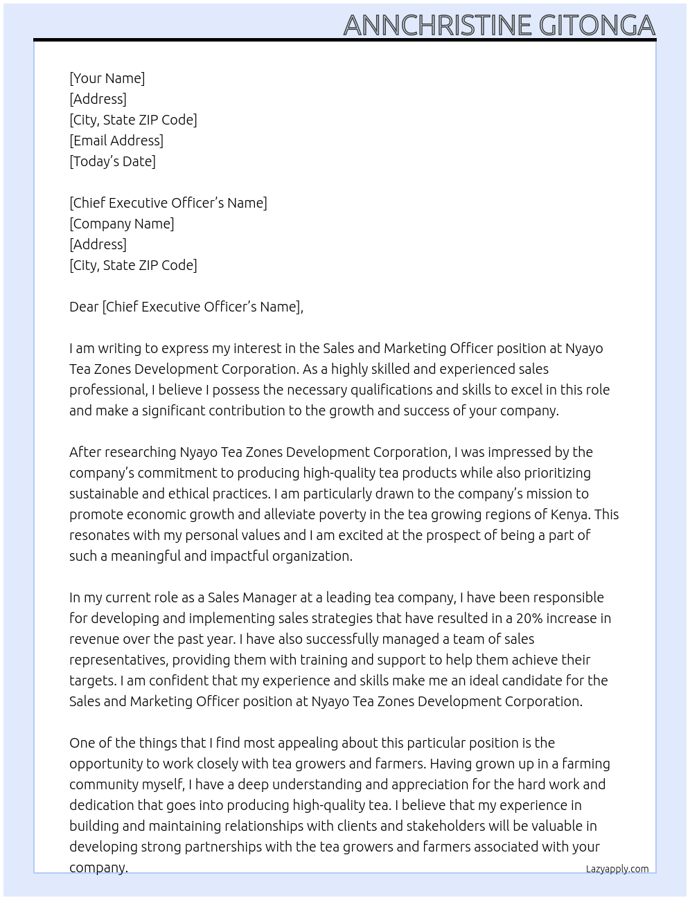 sales and marketing officer At Nyayo Tea Zones Development Corporation Cover Letter