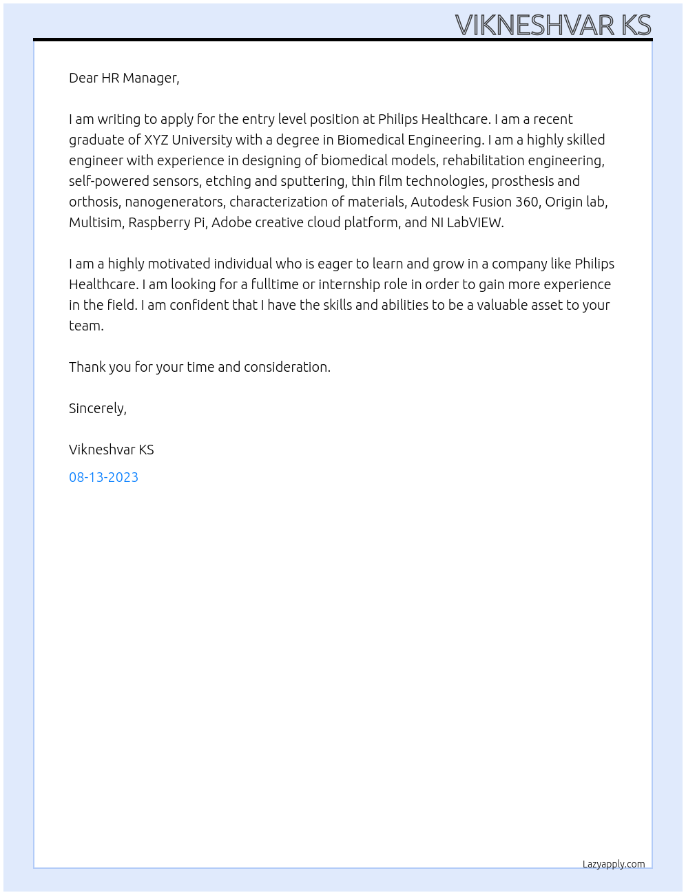 Entry level Position At Philips Healthcare Cover Letter