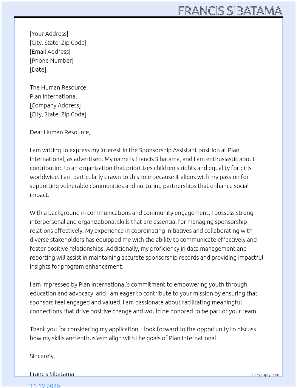 Sponsorship assistant  At Plan International  Cover Letter