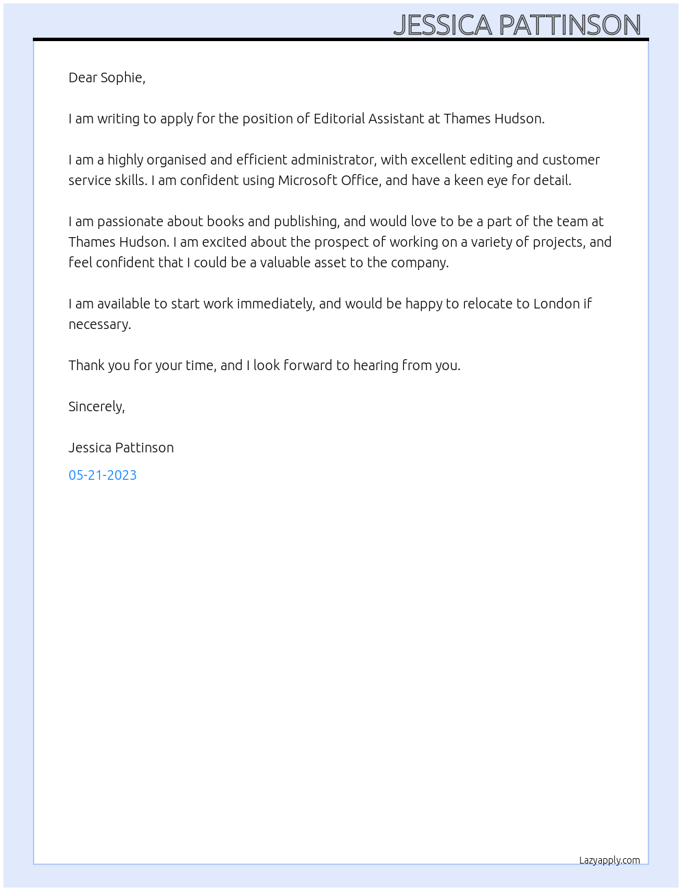 Editorial Assistant  At Thames Hudson Cover Letter