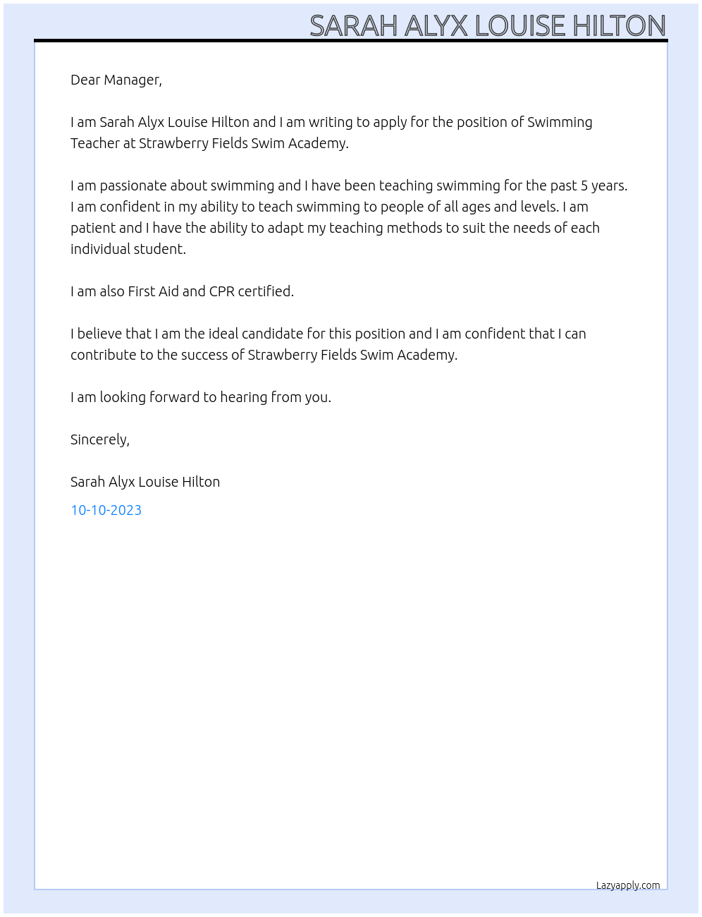 Swimming Teacher  At Strawberry Fields Swim Academy  Cover Letter