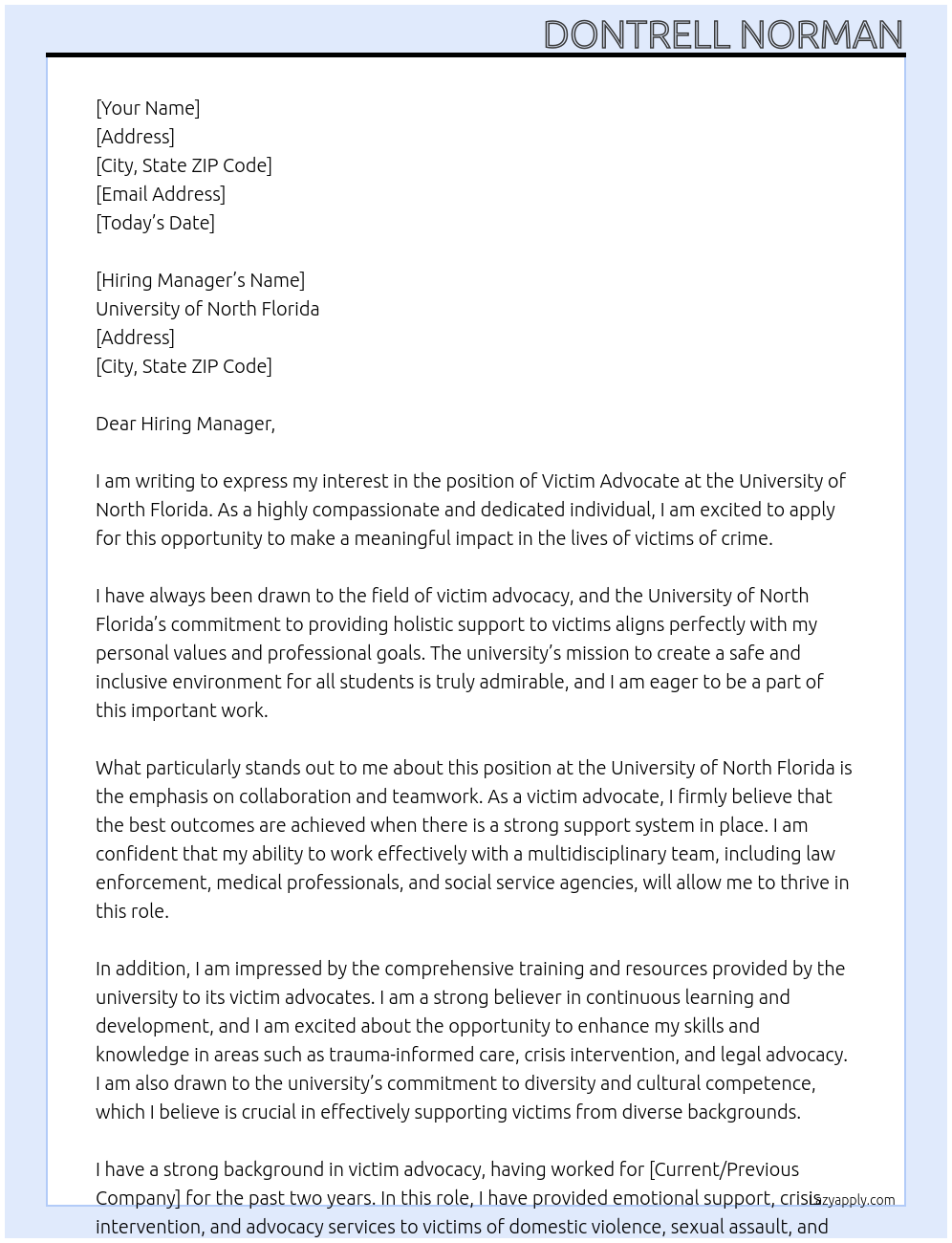 Victim Advocate At University of North Florida Cover Letter