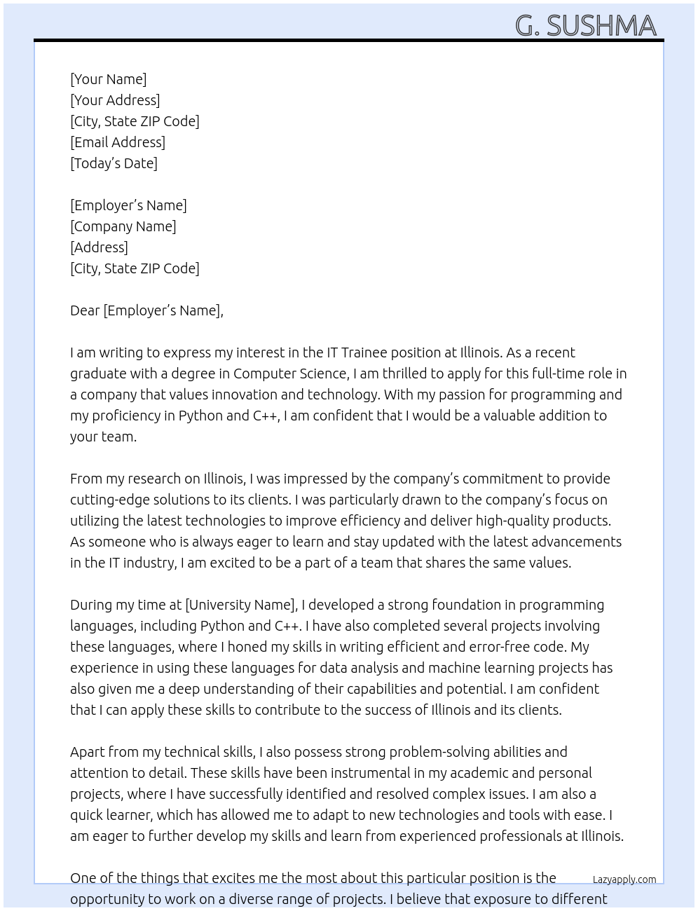 IT Trainee At Illinois Cover Letter