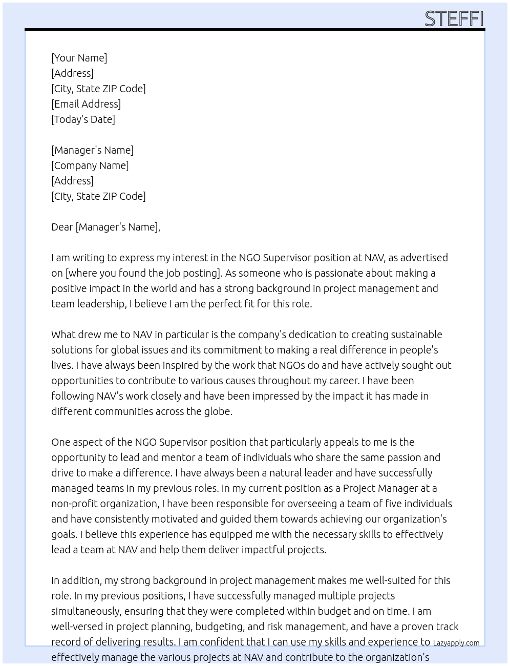 ngo supervisor At nav Cover Letter
