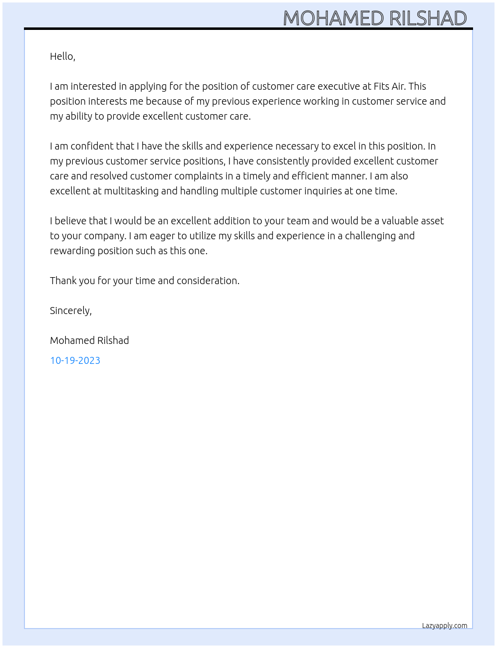 Customer care executive At Fits Air Cover Letter