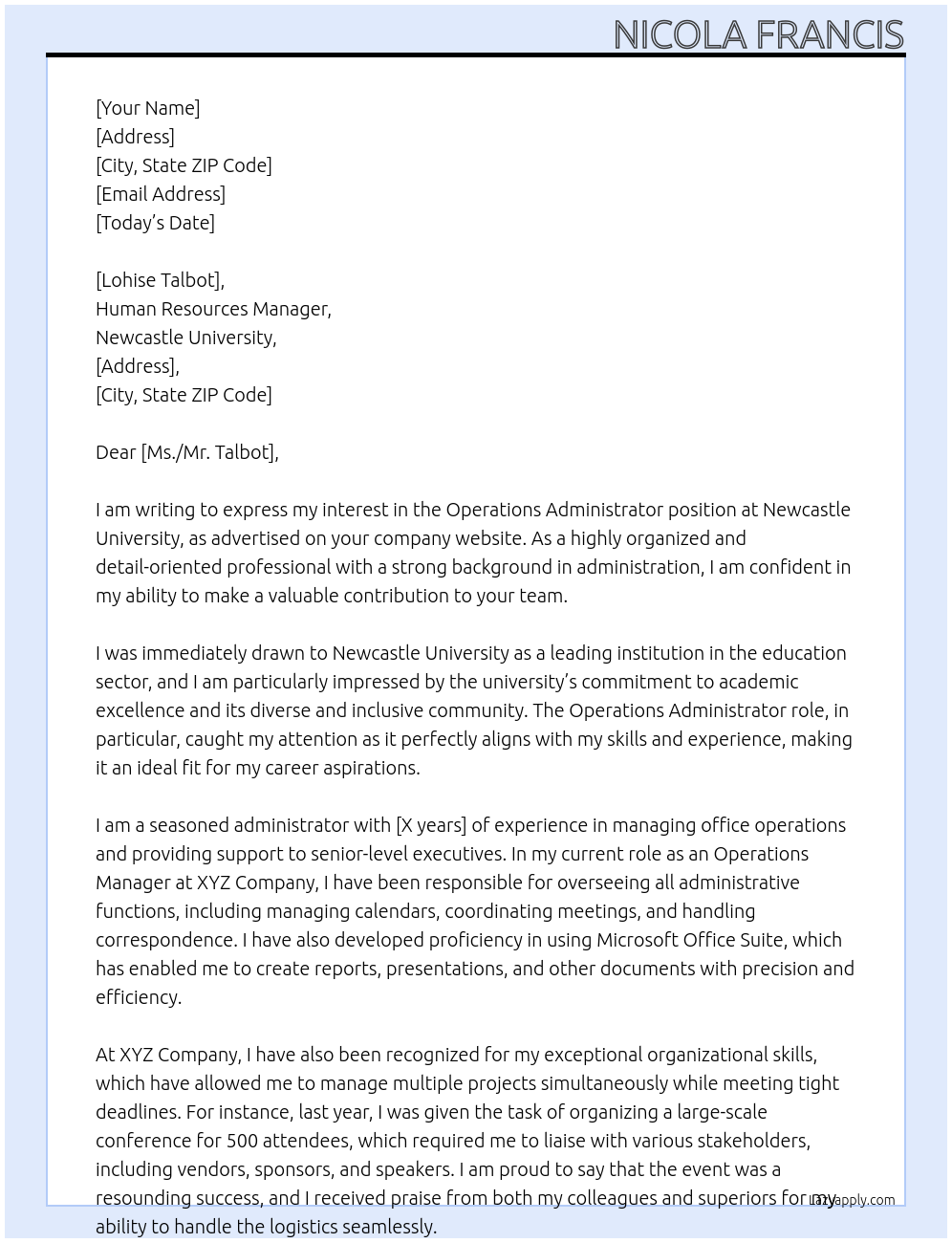 Operations Administrator  At Newcastle University Cover Letter