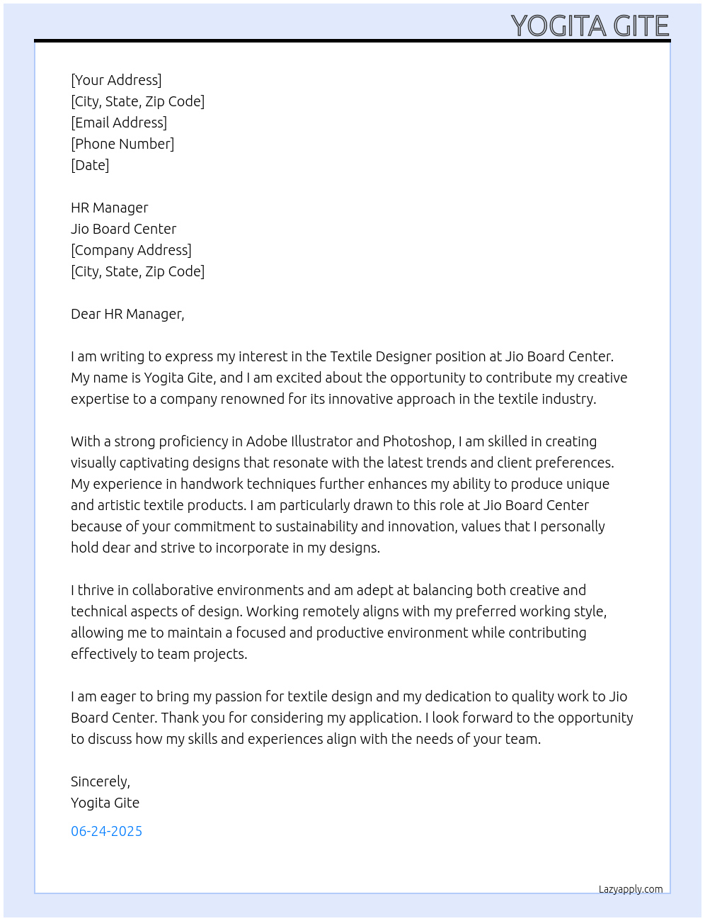 Cover letter for textile designer - LazyApply