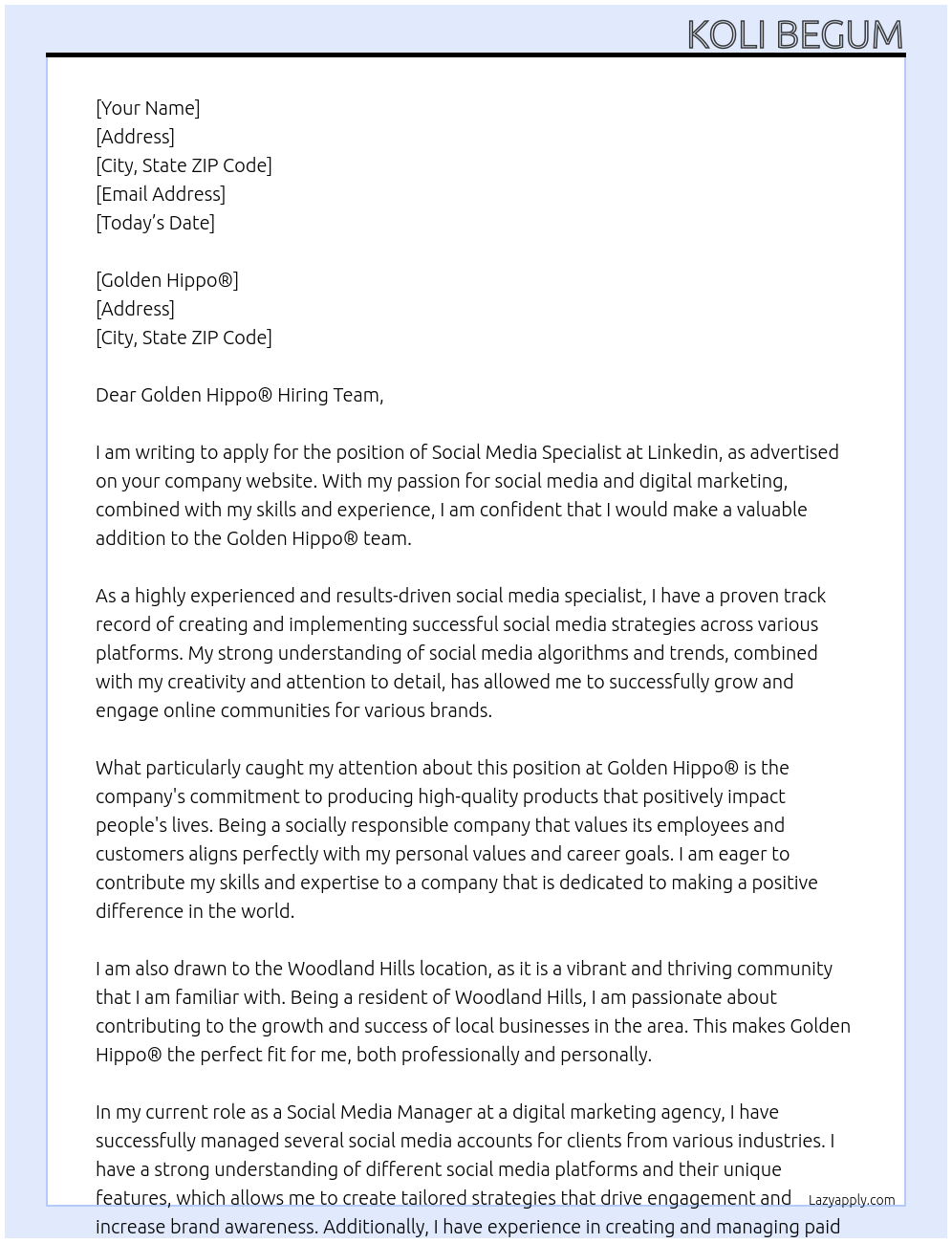 Social Media Specialist At Linkedin Cover Letter