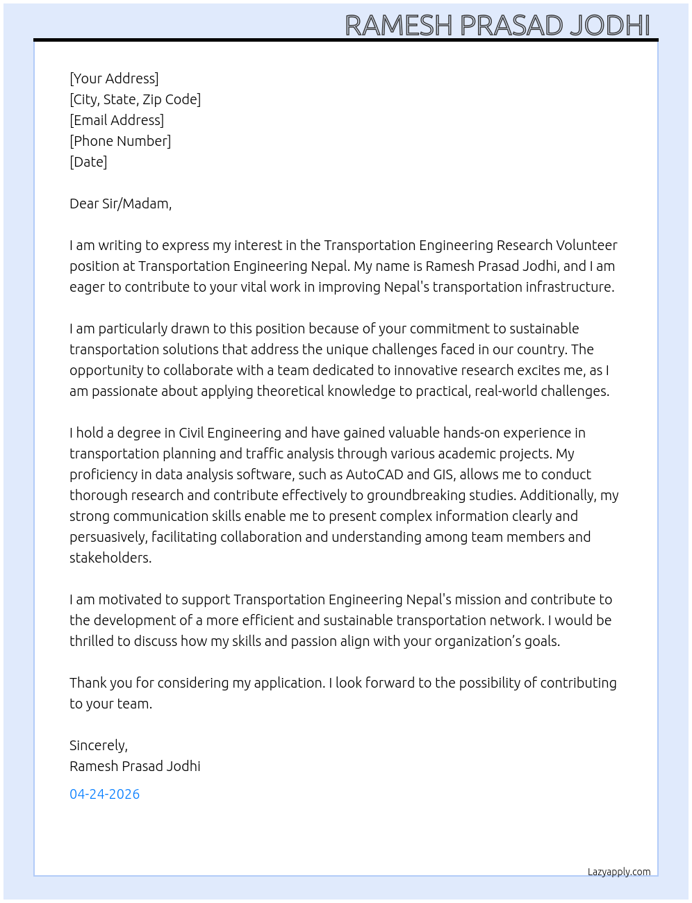 Transportation engineering research volunteer At Transportation engineering nepal  Cover Letter
