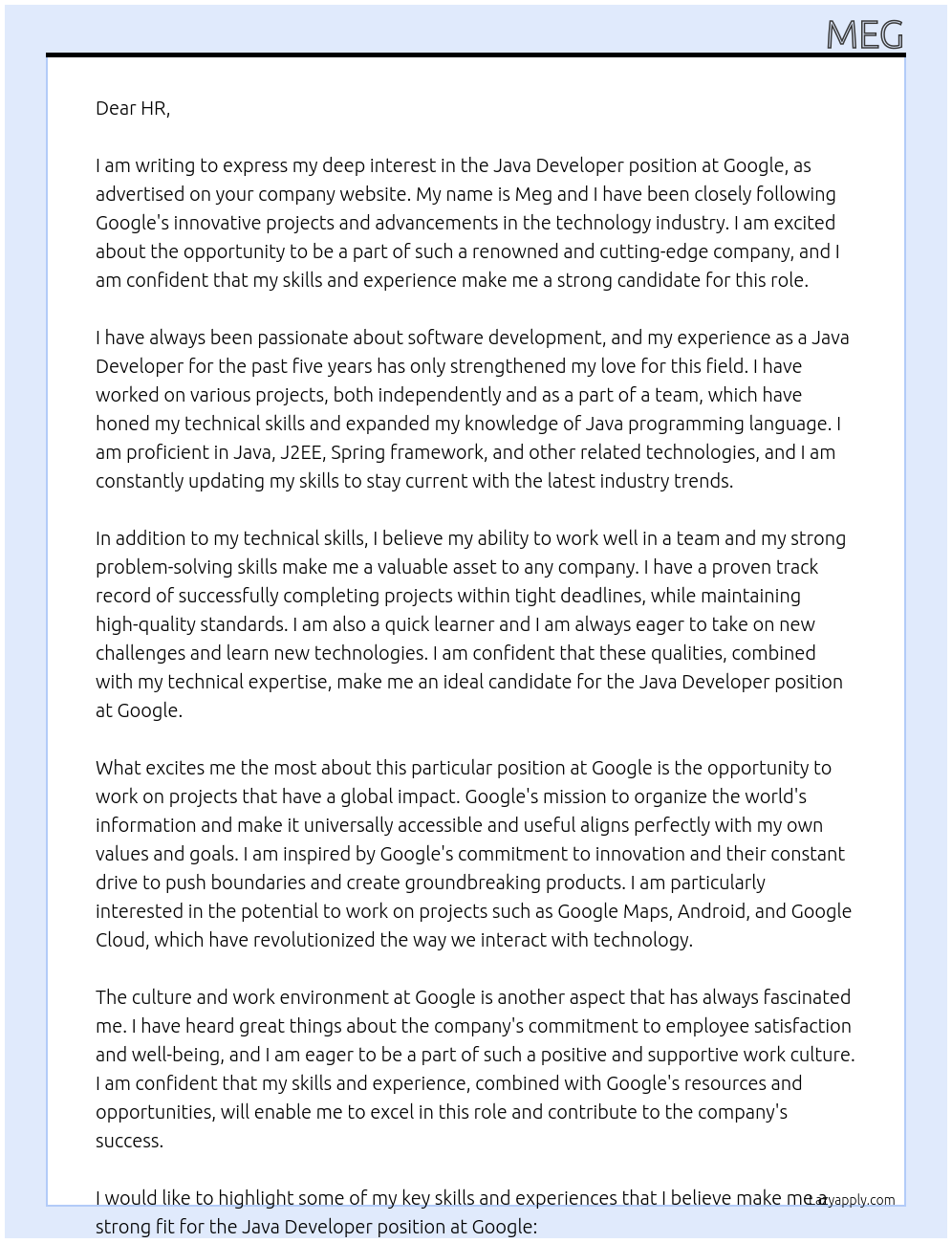 java developer At google Cover Letter