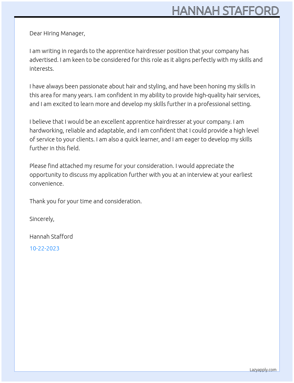 Apprentice Hairdresser At Hiring company Cover Letter