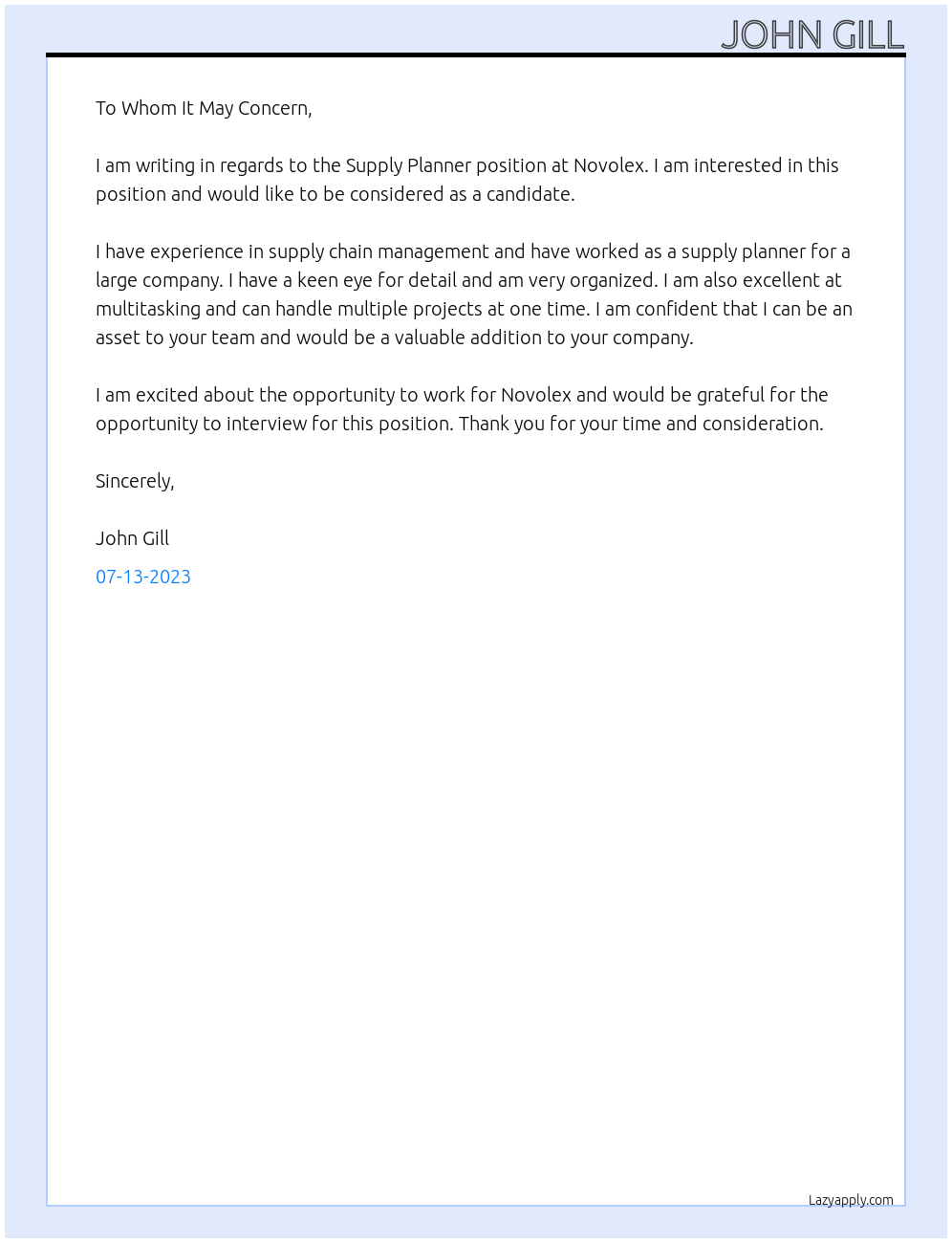 Supply planner At Novolex Cover Letter