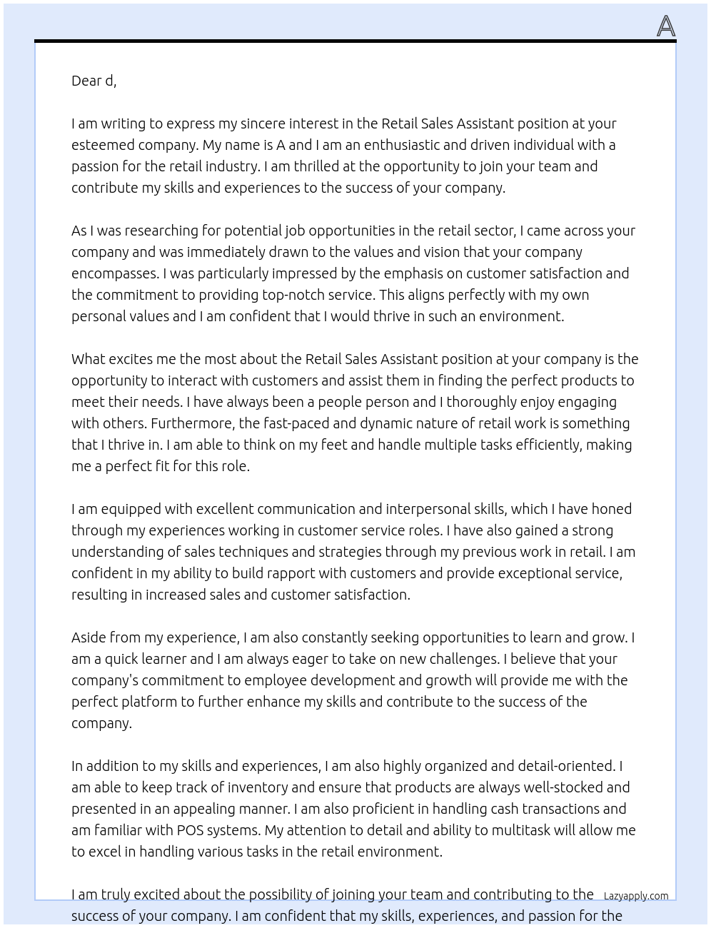 Retail Sales Assistant At d Cover Letter