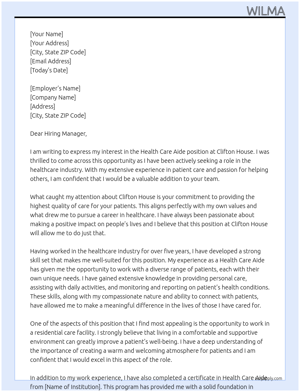 Health Care Aide At Clifton House Cover Letter