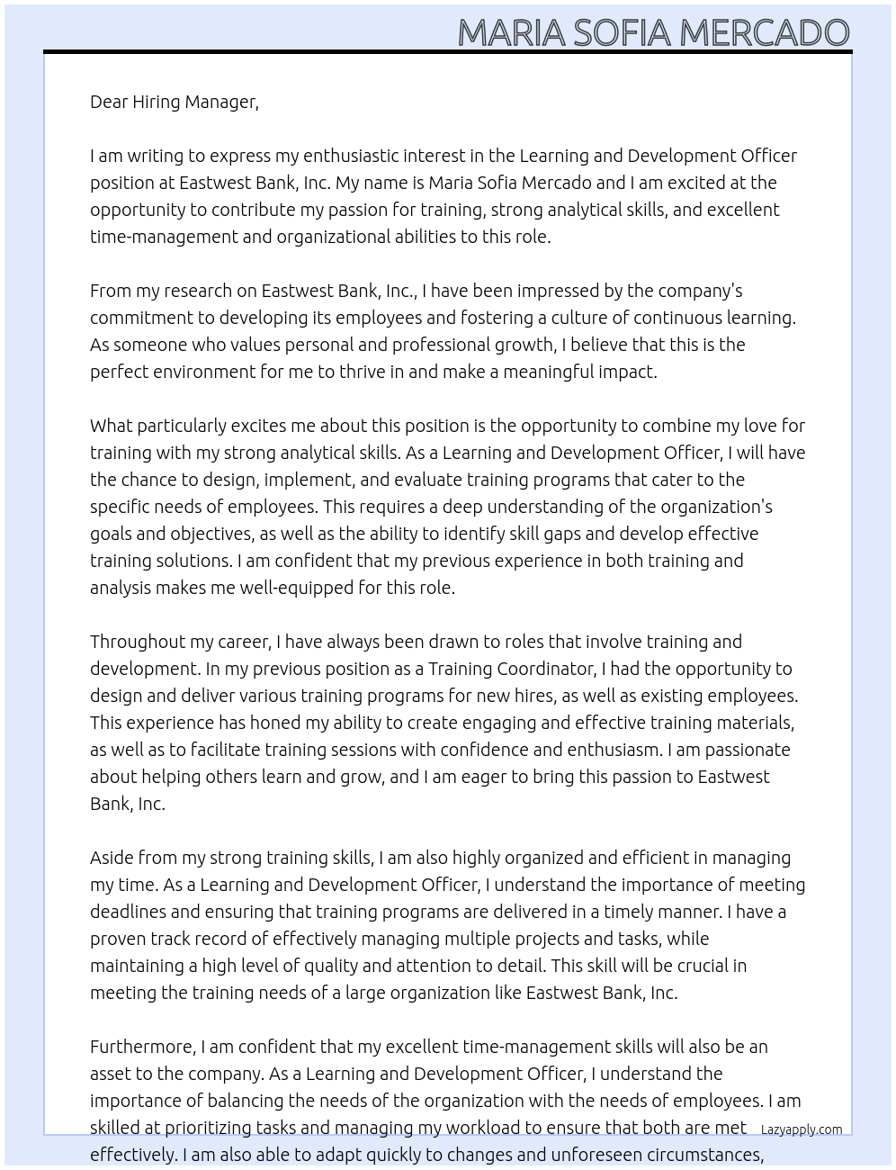 Learning and Development Officer  At Eastwest Bank, Inc.  Cover Letter