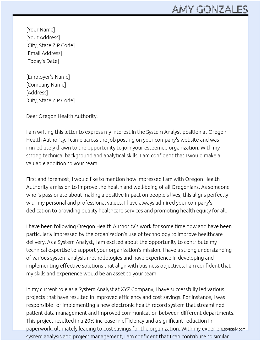 System Analyst At Oregon Health Authority Cover Letter