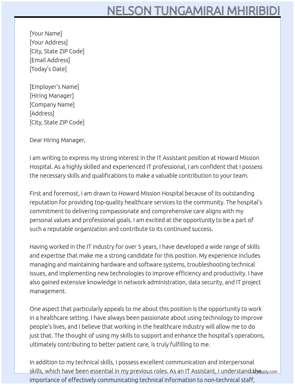 IT Assistant At Howard Mission Hospital Cover Letter