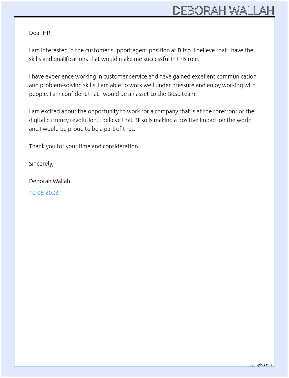 Customer support agent At Bitso Cover Letter