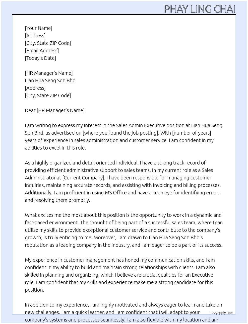 Cover letter for sales admin executive - LazyApply