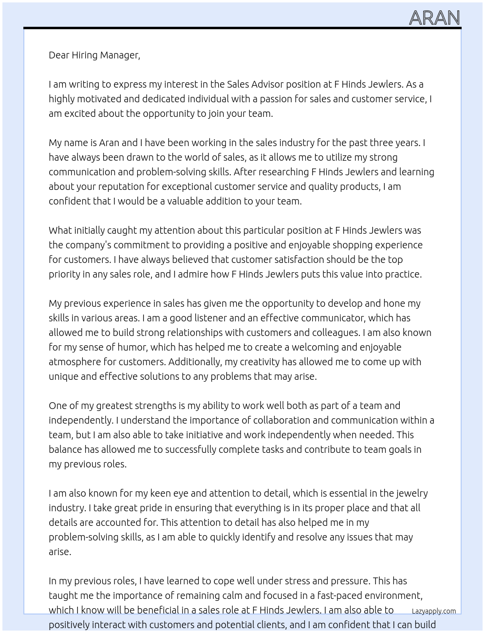 Sales Advisor At F Hinds Jewlers Cover Letter